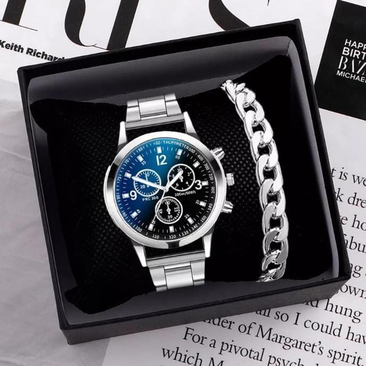Luxury Business Sport Watch for Men / Boys With Silver Hand/Wrist Bracelet Chain