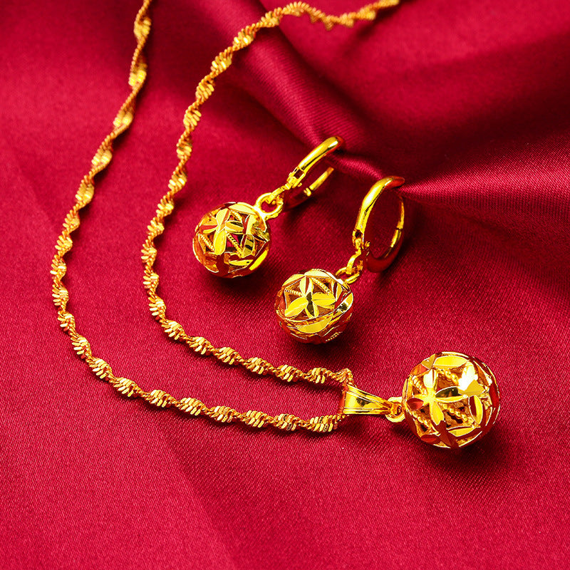 Youbo Women's Hydrangea Necklace Female Pendant Earrings 24k Imitation 24k Real Gold Hollow Floral Ball Earrings