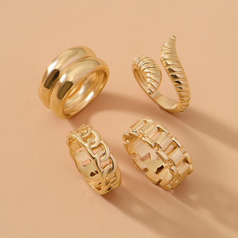 4Pcs/set Punk Metal Round Rings Set Gold Color Rings For Women