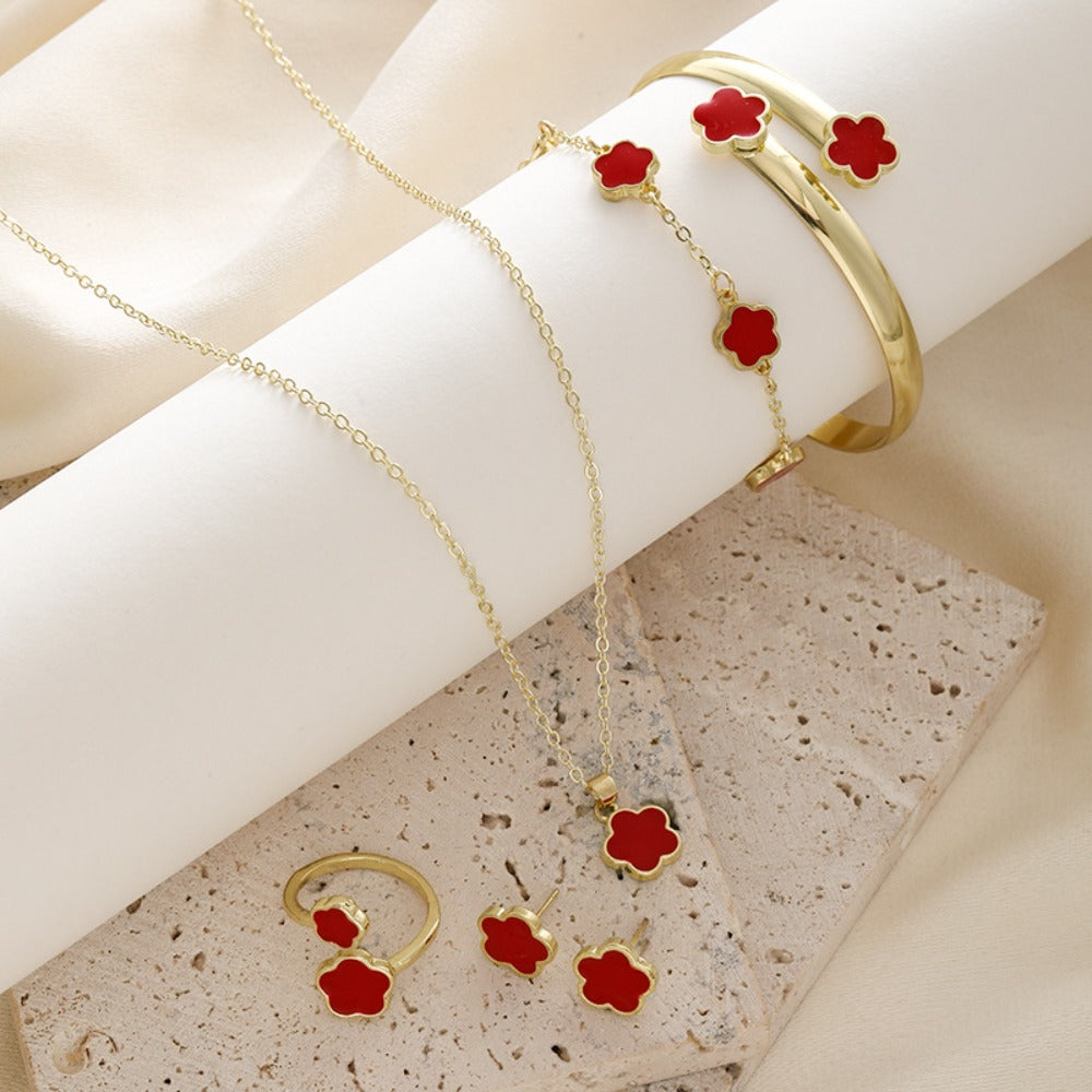 Fashion Alloy Jewelry Set Plum Blossom Laser Metal Earing Adjustable Jewelry Accessory Women's Necklace