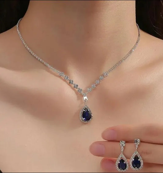 Silver Earrings and Necklace Blue Gem Cubic Zircon Sparkly Bridal Beautiful Set Jewelry for Women Sparkling