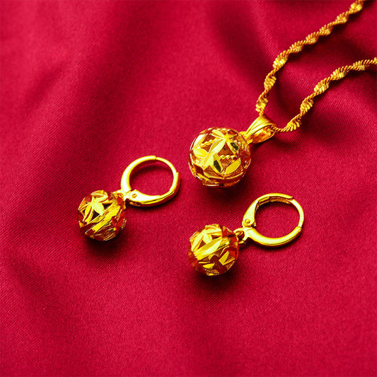 Youbo Women's Hydrangea Necklace Female Pendant Earrings 24k Imitation 24k Real Gold Hollow Floral Ball Earrings
