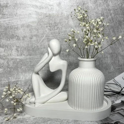 Set of 3 Home Decor Items – Thinker Statue, Mini Vase & Oval Tray