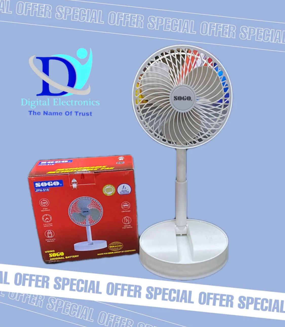 Sogo Portable Rechargeable FAN Easy To Carry With Long Battery Life - JPN-410 / JPN-518