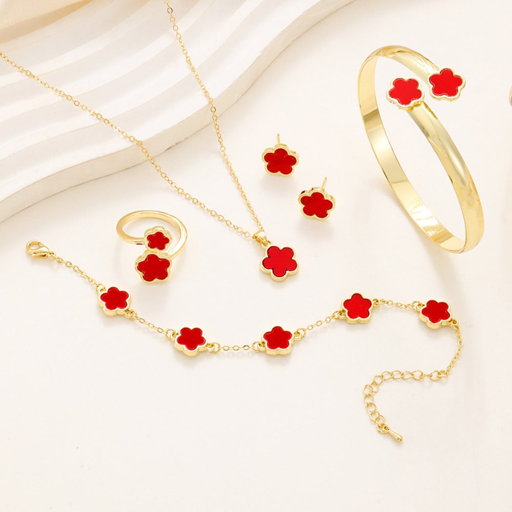 Fashion Alloy Jewelry Set Plum Blossom Laser Metal Earing Adjustable Jewelry Accessory Women's Necklace