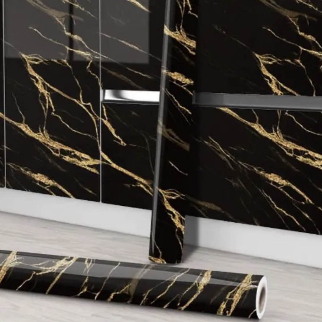 (60cm x 200cm) Self-Adhesive Waterproof Wallpaper Glossy Black Marble Pattern, Oil-Proof Kitchen Backsplash Sticker for Cabinets