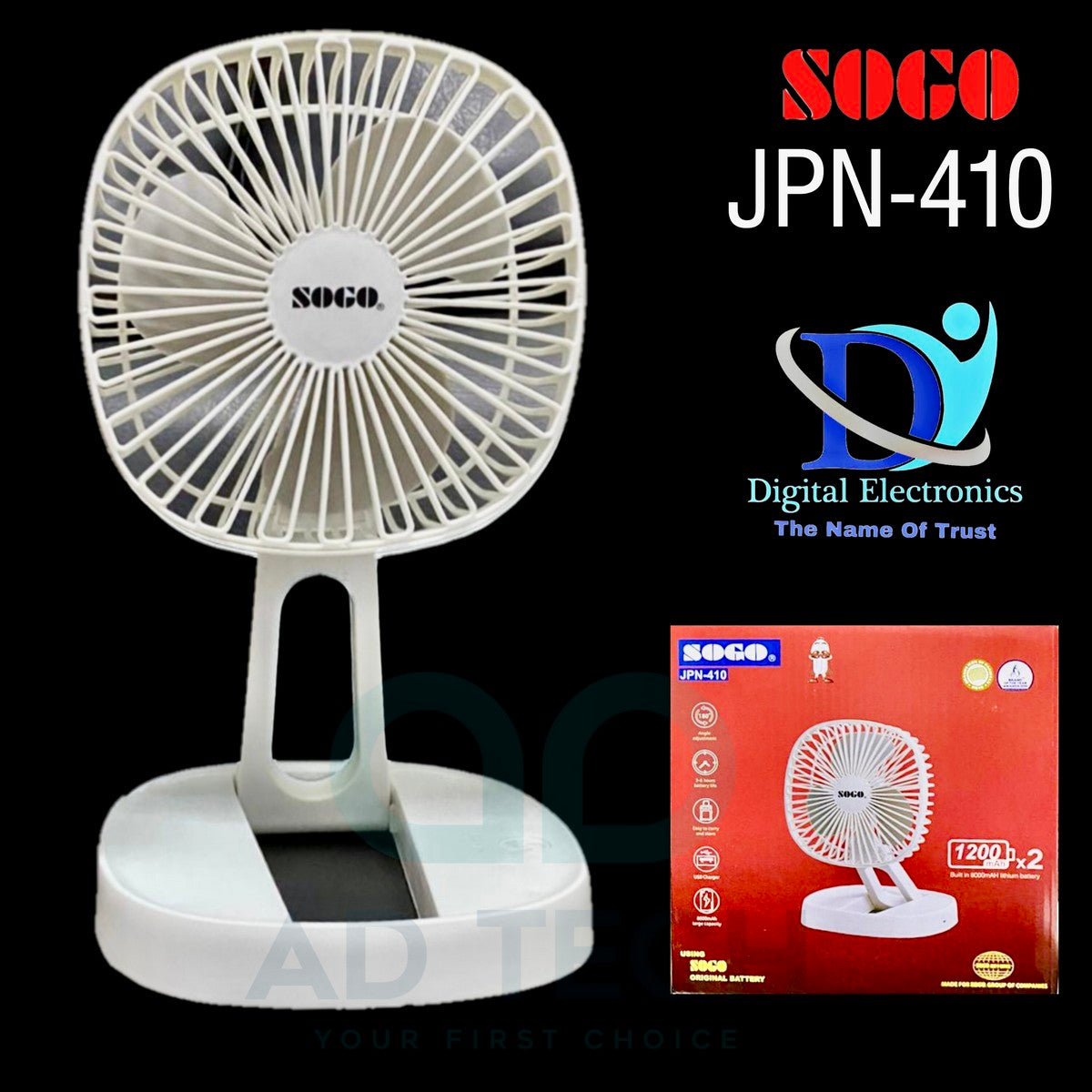 Sogo Portable Rechargeable FAN Easy To Carry With Long Battery Life - JPN-410 / JPN-518