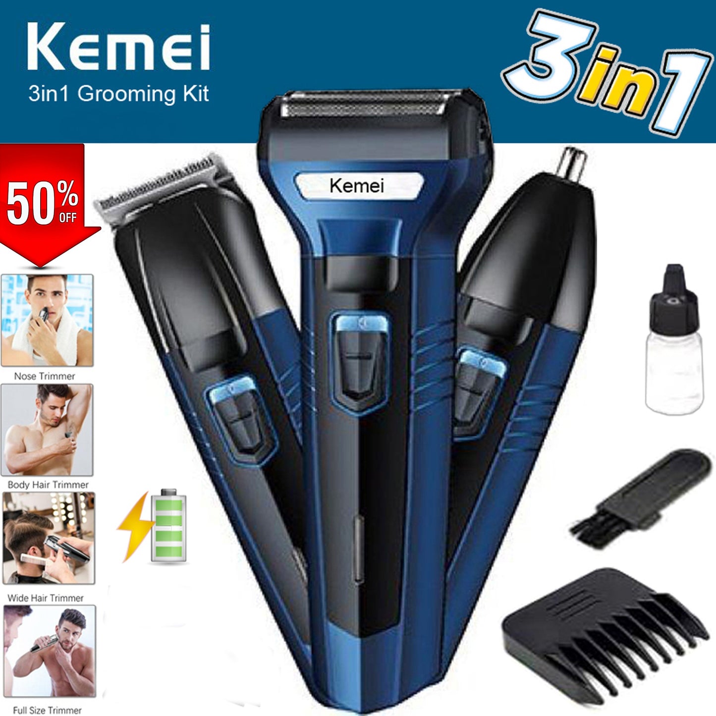Orignal kmei Shaving Machine 3 In 1 Rechargeable Hair Clipper Shaver beard Styling Trimmer Hair Removal machine for men