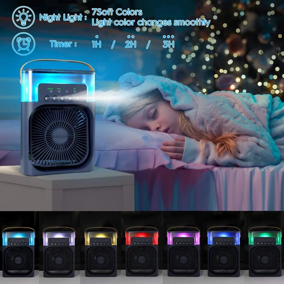 New Portable Air Conditioner Fan, Mini Evaporative Air Cooler with 7 Colors LED Light, 1/2/3 H Timer, 3 Wind Speeds