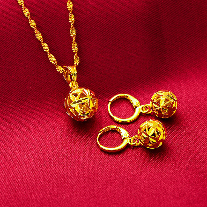 Youbo Women's Hydrangea Necklace Female Pendant Earrings 24k Imitation 24k Real Gold Hollow Floral Ball Earrings