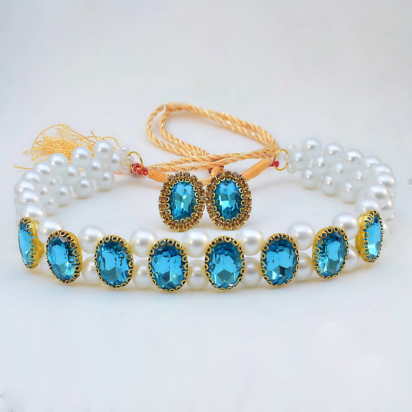 High Quality Green Pearl With Stones Choker Necklace With Earrings Set - Fashion