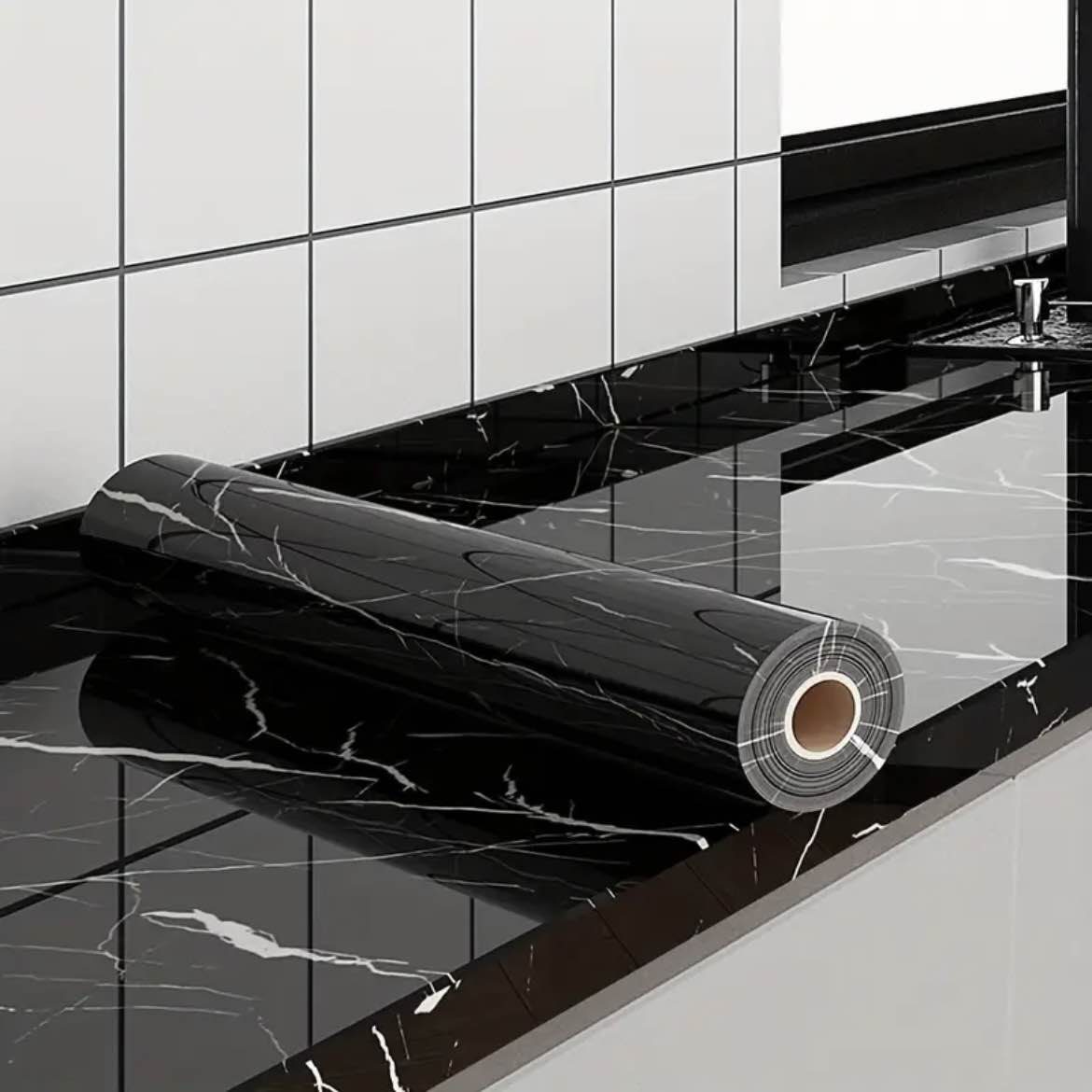 (60cm x 200cm) Self-Adhesive Waterproof Wallpaper Glossy Black Marble Pattern, Oil-Proof Kitchen Backsplash Sticker for Cabinets