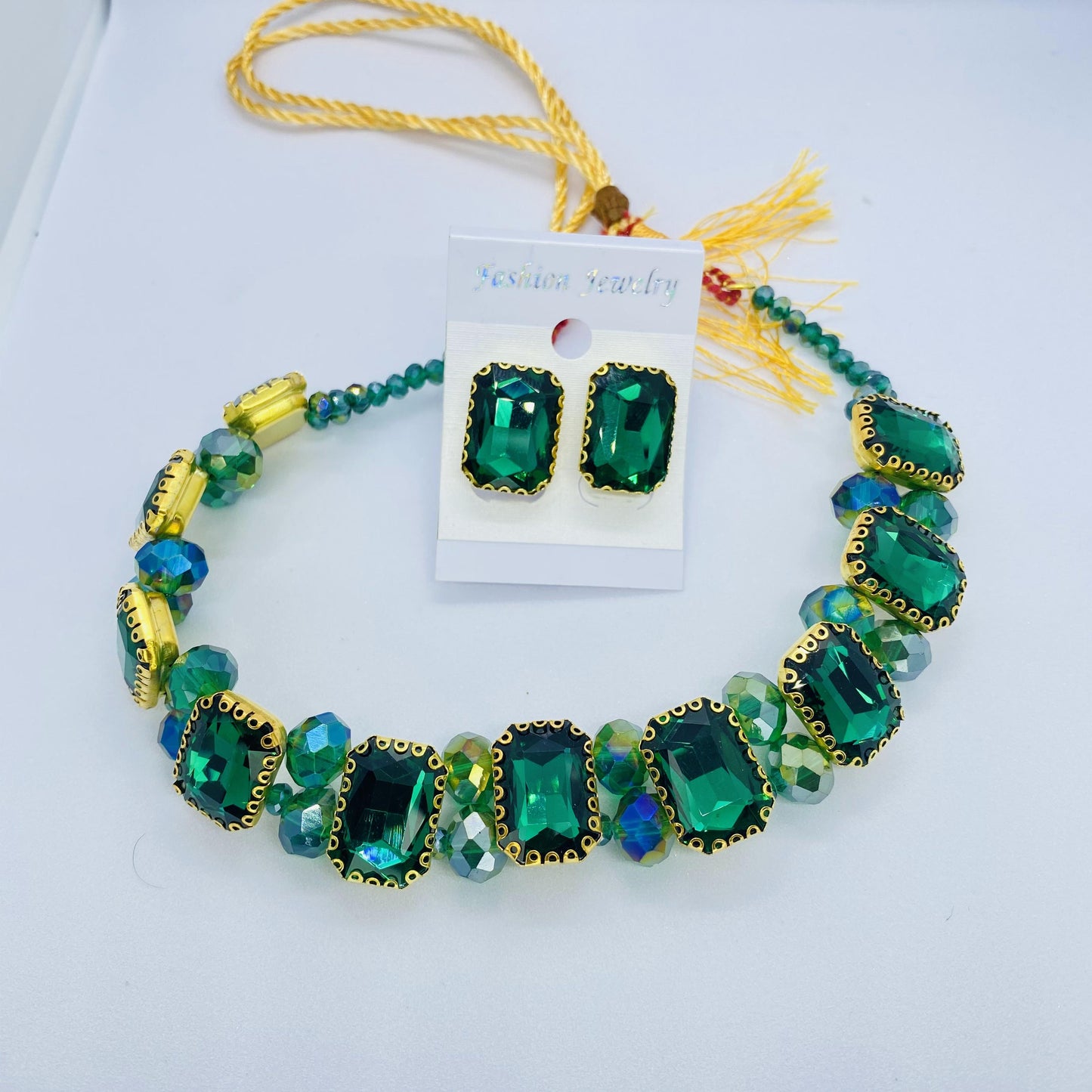 High Quality Green Pearl With Stones Choker Necklace With Earrings Set - Fashion